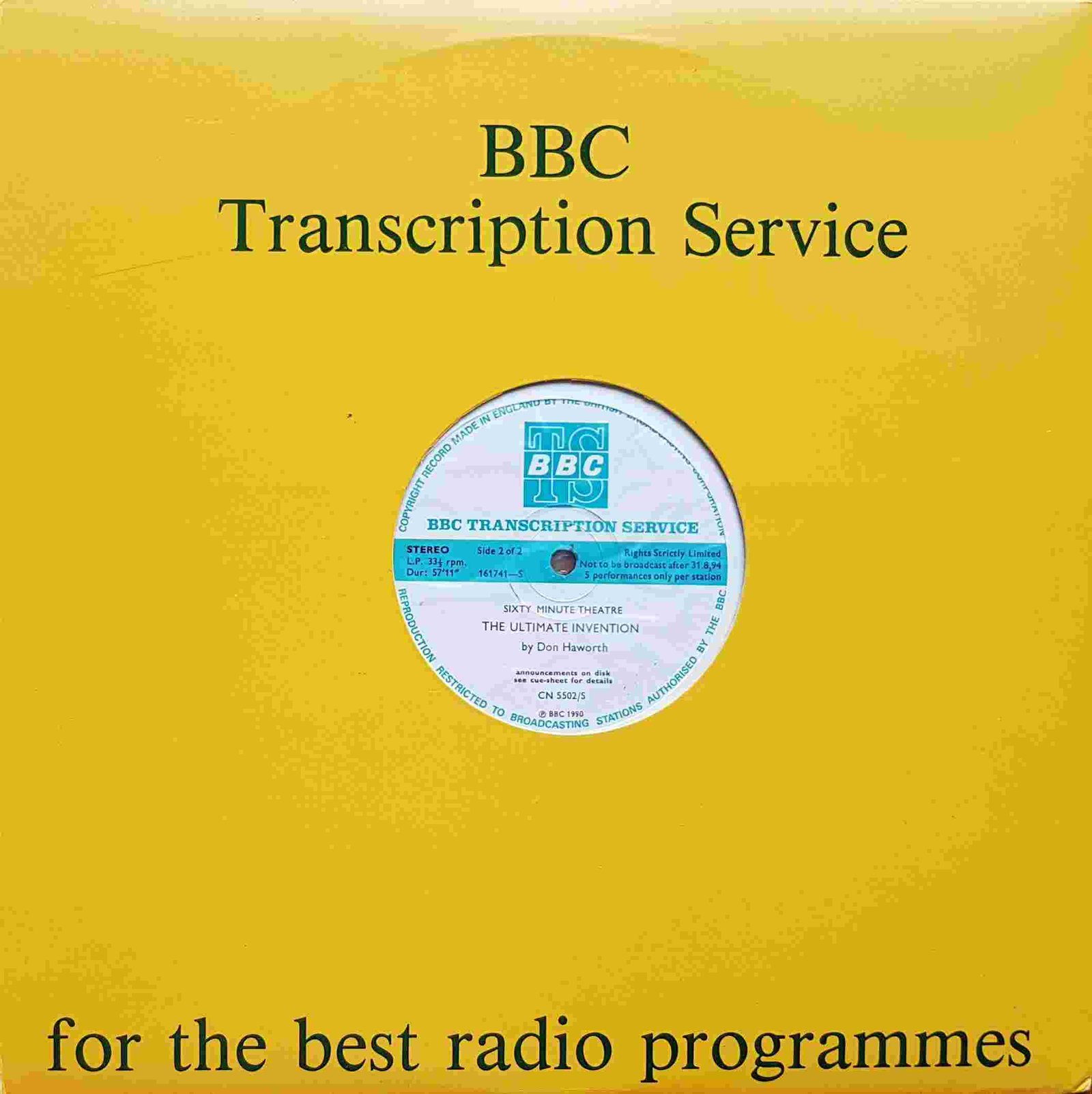 Picture of CN 5502 S 2 Sixty minute theatre (sides 2 of 2) - Simple Simon goes to war / The ultimate invention by artist Colin McLaren / Don Haworth from the BBC records and Tapes library